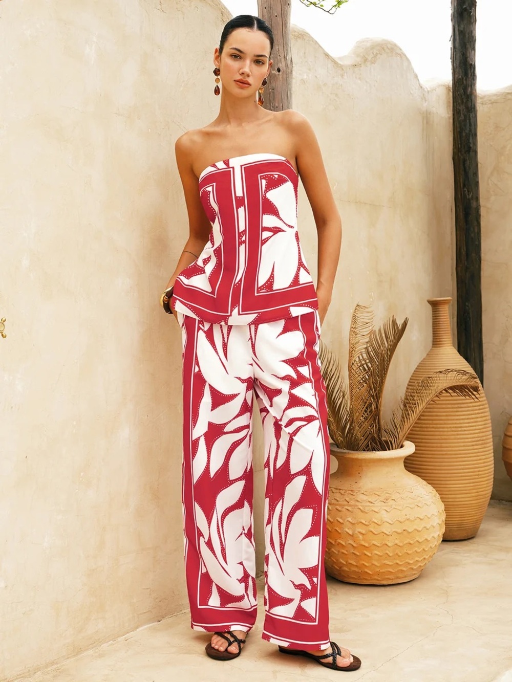 173. Commense L Strapless Red & White Wide-Leg Set